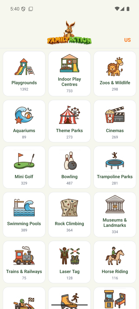 Family Action app β the category grid of things to do
